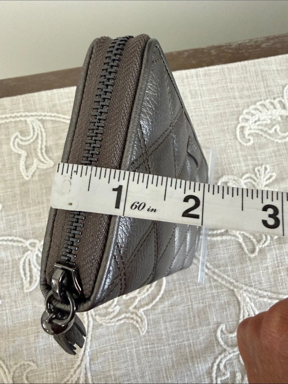 Cole Haan Quilted Metallic Grey Pewter Zip Around Wallet with Tassel Pull